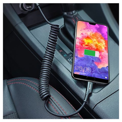 Cable USB Baseus Fish Eye Spring, USB tipo-A, Lightning, 100 cm, 2 A, negro, espiroidal, con revestimiento de nylon, #CALSR-01 Vista previa  1