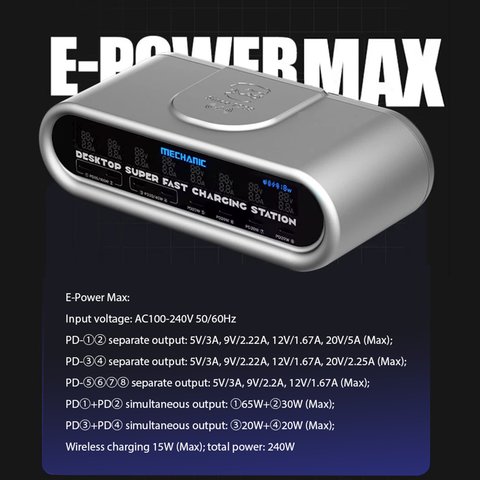 Adaptador de red Mechanic E-Power Max, 240 W, Power Delivery (PD), con cargador inalámbrico, 8 puertos Vista previa  1